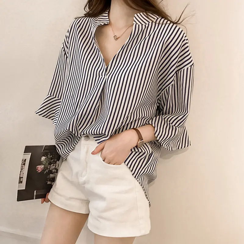 M-4XL Korean Style Loose V-neck Striped Shirt For Women Casual Seven-point Sleeve Blouse Top Tops