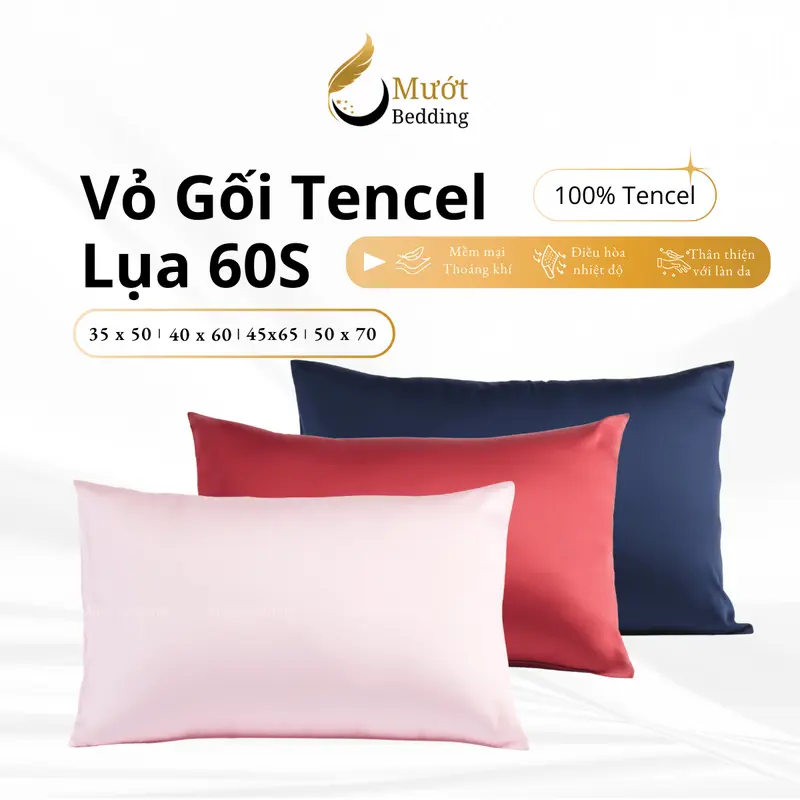 Vỏ gối Lụa Tencel 60s trơn màu 50x70 45x65 40x60 35x50cm Mướt Bedding, áo gối 100% Tencel 60s cao cấp đầy đủ size 0