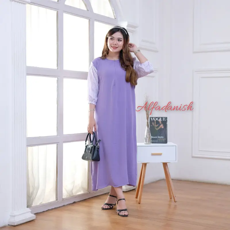 Nayla Dress Airflow Crinkle Kombinasi Rayon Premium Lengan 7/8 Resleting Busui Tali Samping Ibu Nyaman Panjang Tangan Casual Gaun Kaki Midi Gamis Basic Variasi Semata Midi Dress 4