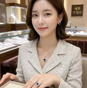 Xuping88 Set Kalung Dan Liontin, Anting Dan Cincin Motif Blue Sapphire Bulat DAHLIA Permata Bronze imitasi SP8