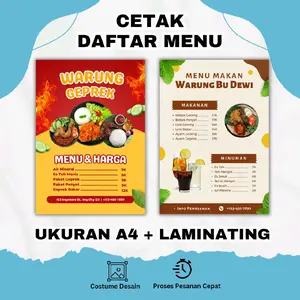 Cetak Daftar Menu Ukuran A4 | Bahan Art Paper + Laminating
