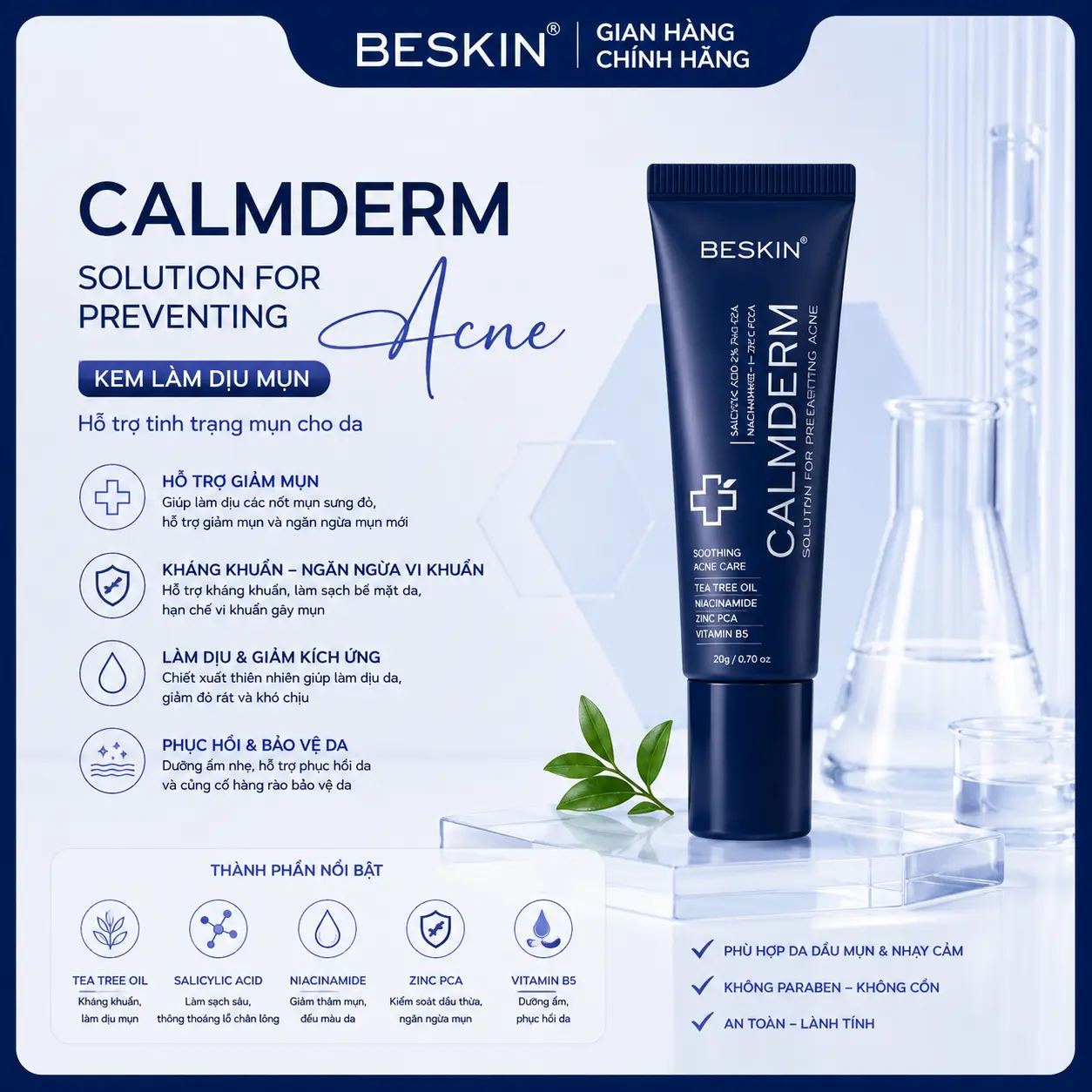 KEM MỤN "CALMDERM SOLUTION FOR PREVENTING ACNE" - Dung tích: 5ml - Thương hiệu: Beskin