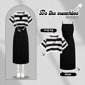 One Set Cute Korean Outfit (Baju Rajut Crop Top Lengan Pendek, Inner Dress Panjang Hitam) LQ081 Setelan Wanita Oversize Atasan Putih Stripe one  set