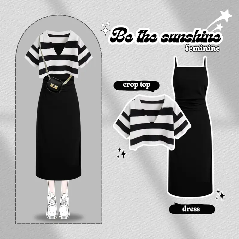 One Set Cute Korean Outfit (Baju Rajut Crop Top Lengan Pendek, Inner Dress Panjang Hitam) LQ081 Setelan Wanita Oversize Atasan Putih Stripe one  set 0
