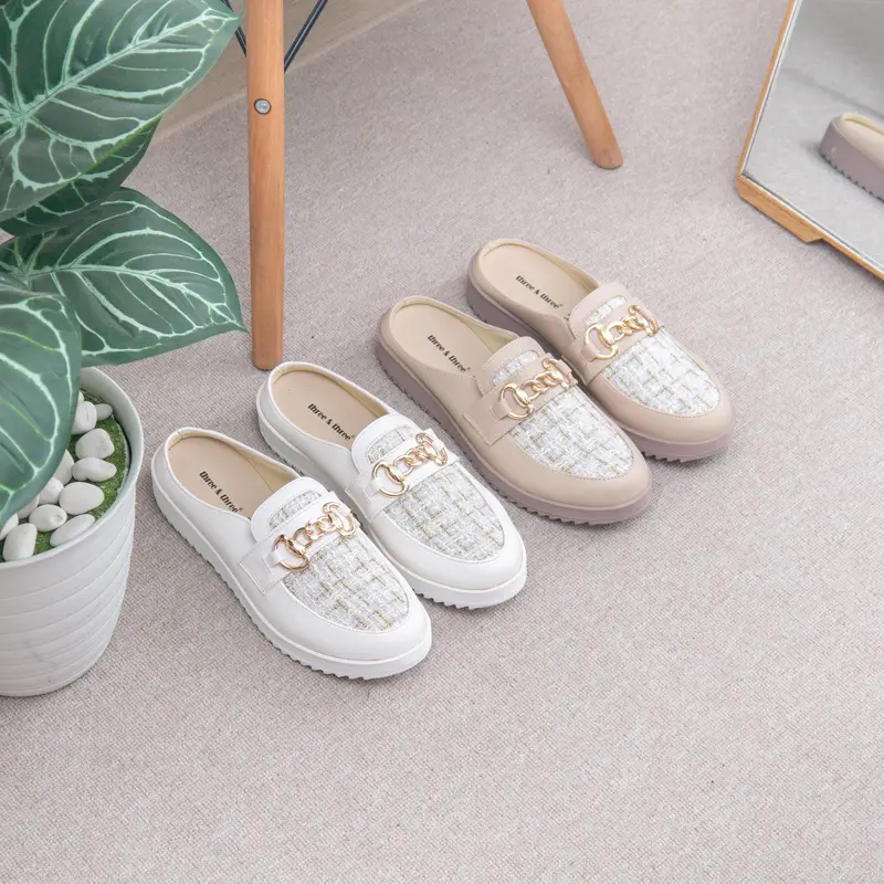 Sepatu Sandal Wanita Mules Flat Slip On Bustong THREE & THREE PPN 12 - Putih/Krim - Shoes 8