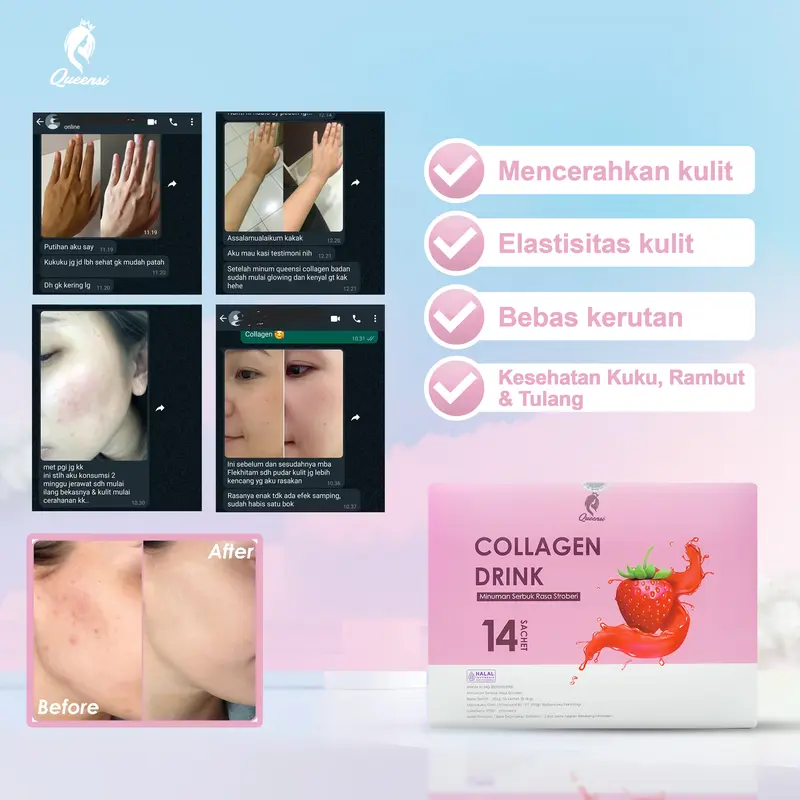 [ 2 Box ] Queensi Collagen Drink With Collagen Bovine Peptiplus Vitamin C & L-Glutatione Minuman Pemutih Badan Permanen ORIGINAL kapsul  pemutih 4