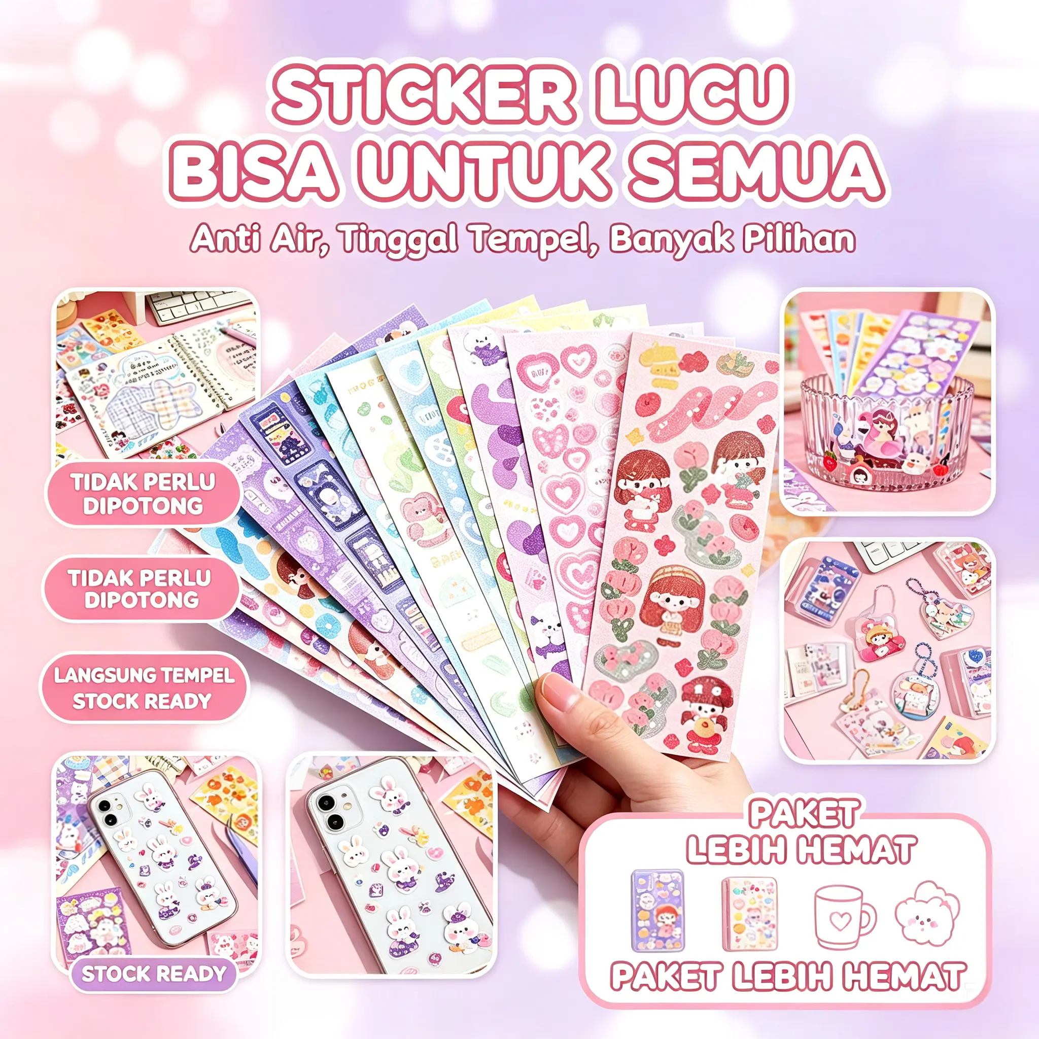 Stiker Gacha Kartun Kawaii Hologram Anti Air Waterproof Sticker Lucu Anak Perempuan Dekorasi Jurnal Scrapbook DIY Tempel Mainan Hadiah  20/60/100/160/200/300/400/500/1000/2000 Pcs H300