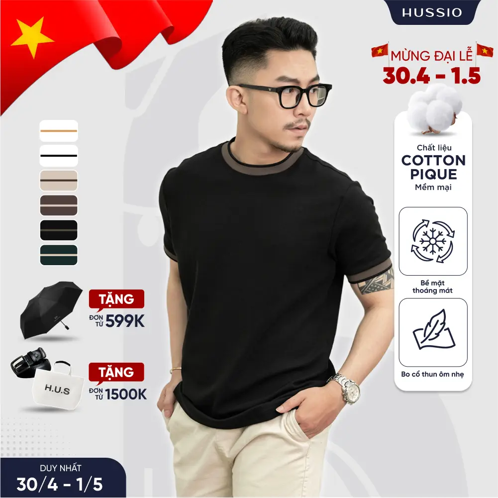 Áo thun nam cổ tròn Deline vải Cotton Pique dày dặn, mềm mịn, trẻ trung - HUSSIO