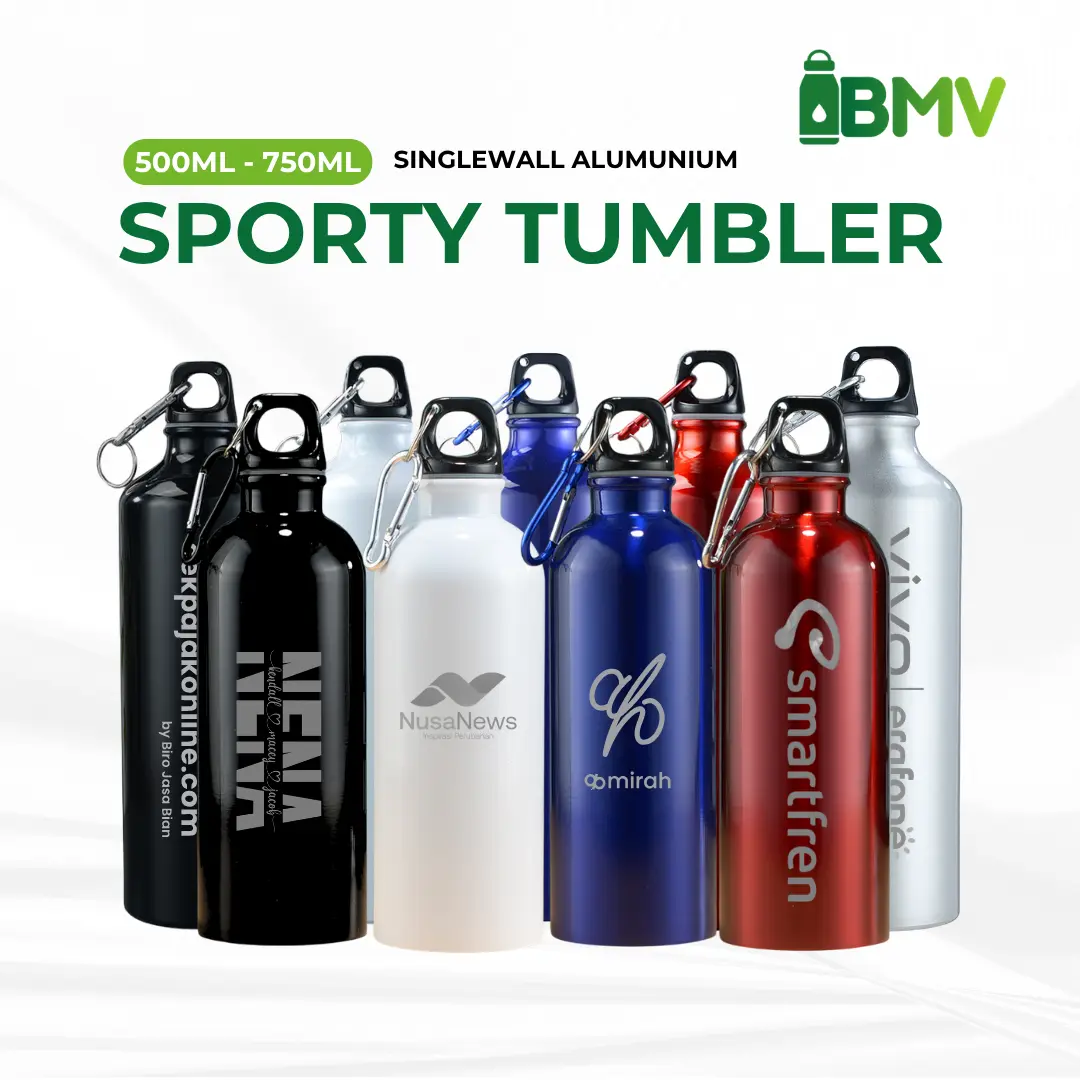 BMV Tumbler Botol Minum Sport Custom Grafir Laser Nama Logo Satuan Single Wall Carabiner Corporate Gift Termos Tahan Vacuum 500ml & 750ml Stainless Steel
