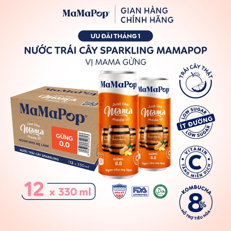  Mamapop thùng 12 lon nước trái cây sparkling vị Gừng 330ml - Kết hợp với trái cây tự nhiên giàu Vitamin C 