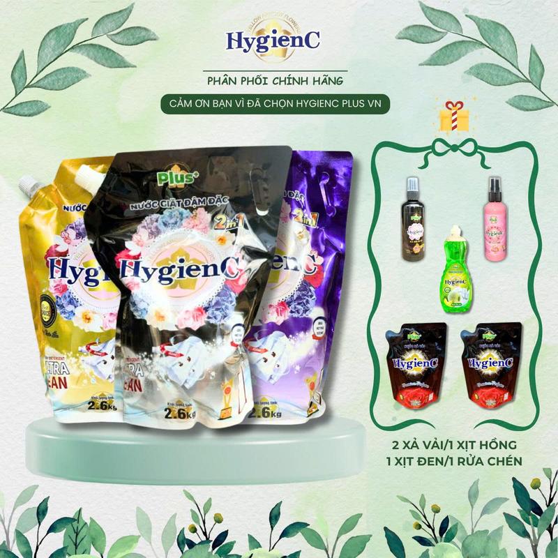   HOT  -  TẶNG 5 MÓN QUÀ  Combo 3 Túi Nước giặt HygienC Plus  2600ml túi  thơm ngát làm sạch -  QUÀ: 2 TÚI XẢ VẢI 200ML + 1 CHAI NƯỚC RỬA CHÉN 400ML + 2 CHAI XỊT KHÔ MÀU NGẪU NHIÊN  