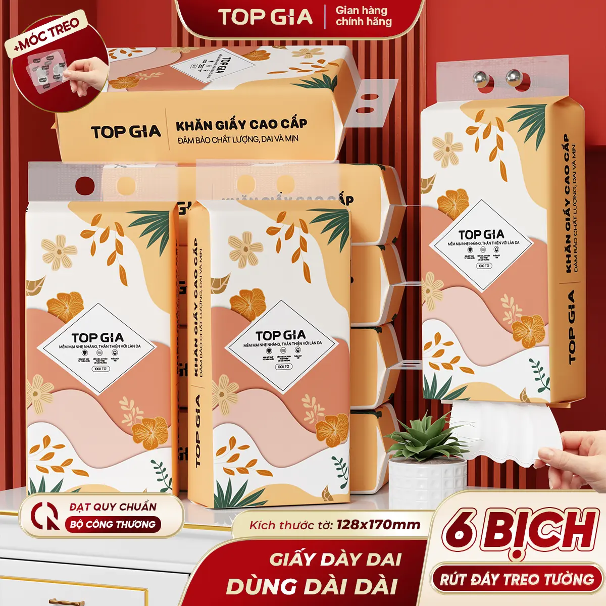 [SIÊU MỀM MỊN] Thùng 6 Bịch Khăn Giấy Tiểu Hạ TOP GIA 4 Lớp Mềm Mịn, Thành Phần Bột Gỗ Tự Nhiên Thân Thiện, Khăn Giấy Vệ Sinh 1000 tờ, 4 lớp Tặng 2 móc treo tiện ích Giấy Vệ Sinh giấy rút đa năng treo tường VTG86
