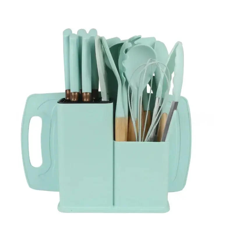 Conjunto de 19 utensílios de cozinha de silicone antiaderente, incluindo espátula, concha para sopa e jogo de facas com cepo. - 9