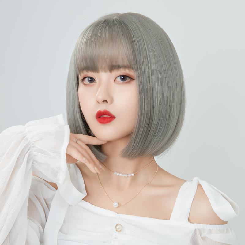 Wig Female Short Hair Bobo Grandma Gray Wave Head Round Face Hair Cover Full Head Cover Air Bangs Straight Hair Natural 3