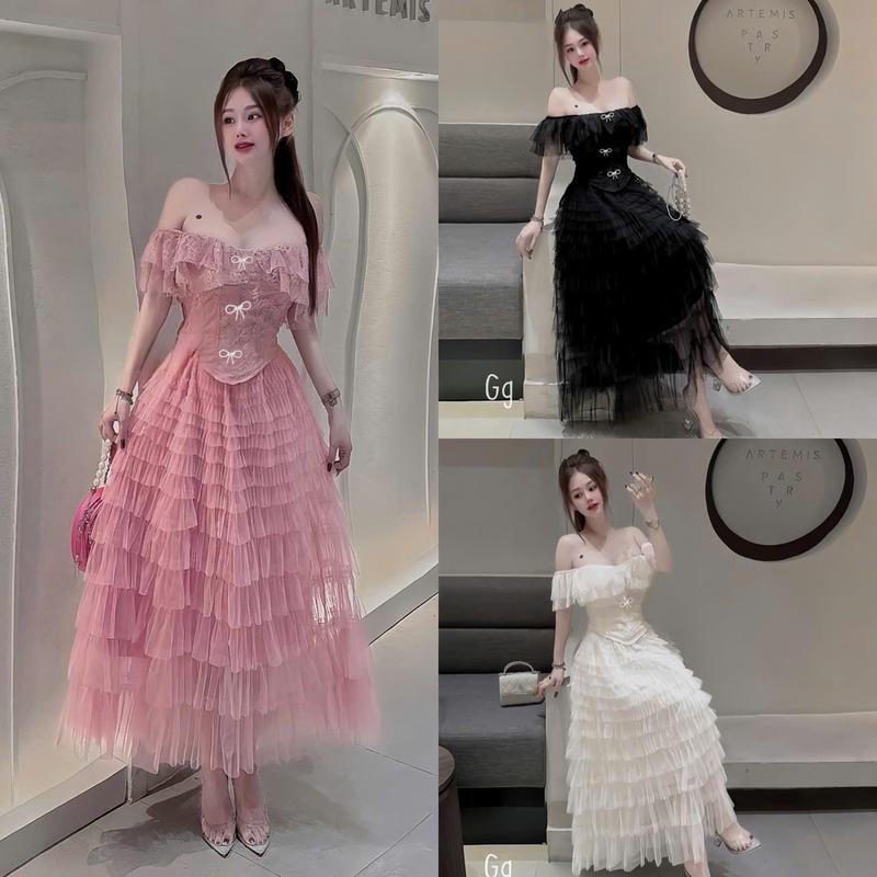 Set đồ nữ áo bệt vai tay ngắn vạt nhọn đính nơ phối ren mix chân váy voan tơ xếp tầng dàng dài xinh xắn dành cho các nàng diện đi chơi đi tiệc.
