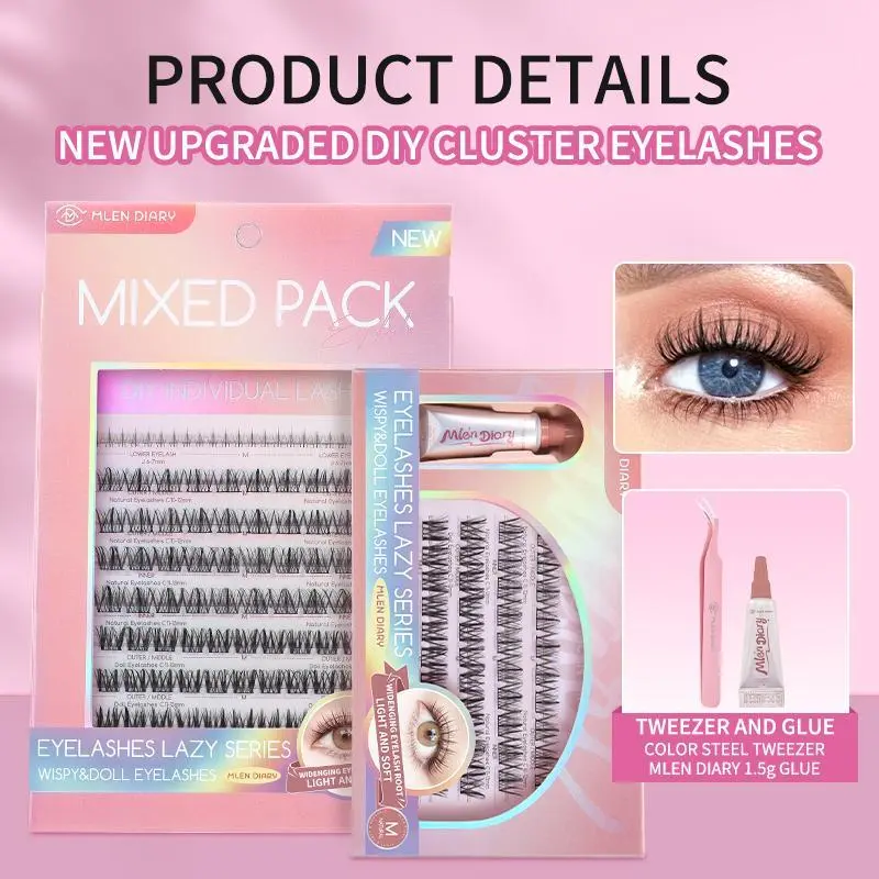 Mlen Diary - Classic M Eyelash Extensions - Wispy And Doll  10-14mm & 4IN1 Lash Bond Amazing Volume Mixed Individual Reusable Lashes(Partially includes glue set and tweezers)