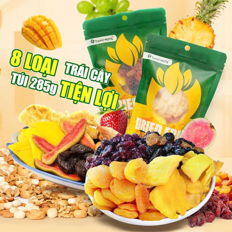 Mix trái cây sấy dẻo  Ăn Vặt  chua chua ngọt ngọt TANU NUTS mix fruit 5 loại hoa quả tốt cho sức khỏe hũ 400g, túi 175g ăn vặt, Lượng đường thấp Snack Food Thức Ăn