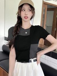 Gambar Women Crop Top Two Color Round Neck Short Sleeve 1802 (S/M/L) - Black Combi Grey, S dari 99koutlet Kab. Tangerang 1 Tokopedia
