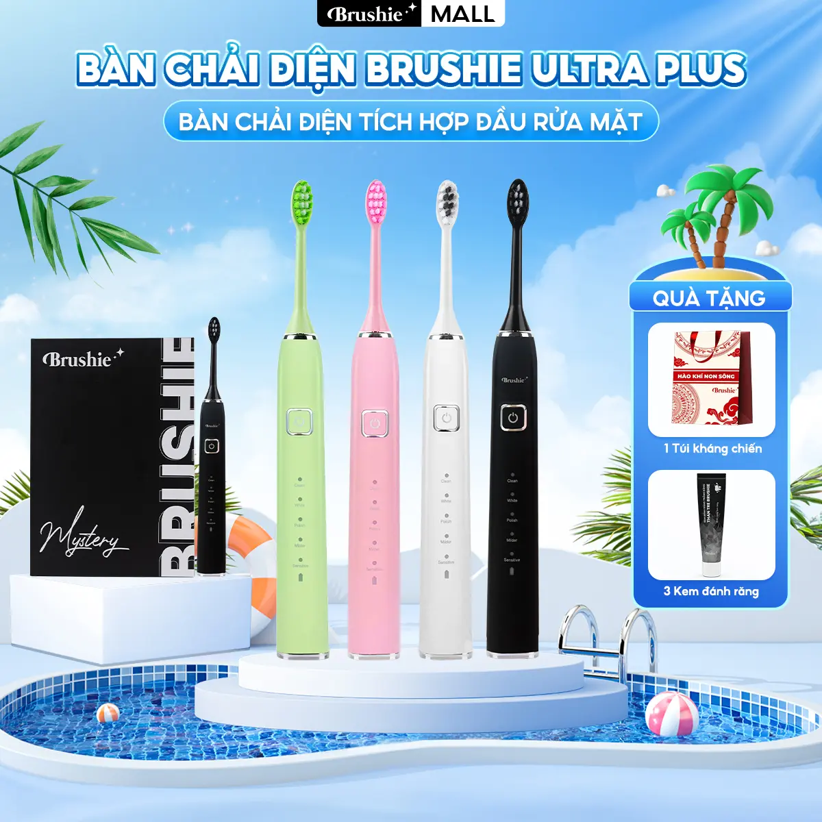 [LINK RIÊNG CÓ VOUCHER TO] Bàn chải điện Brushie Ultra Plus tích hợp đầu rửa mặt hỗ trợ làm sạch hiệu quả - tặng túi kháng chiến + combo 3 kem đánh răng