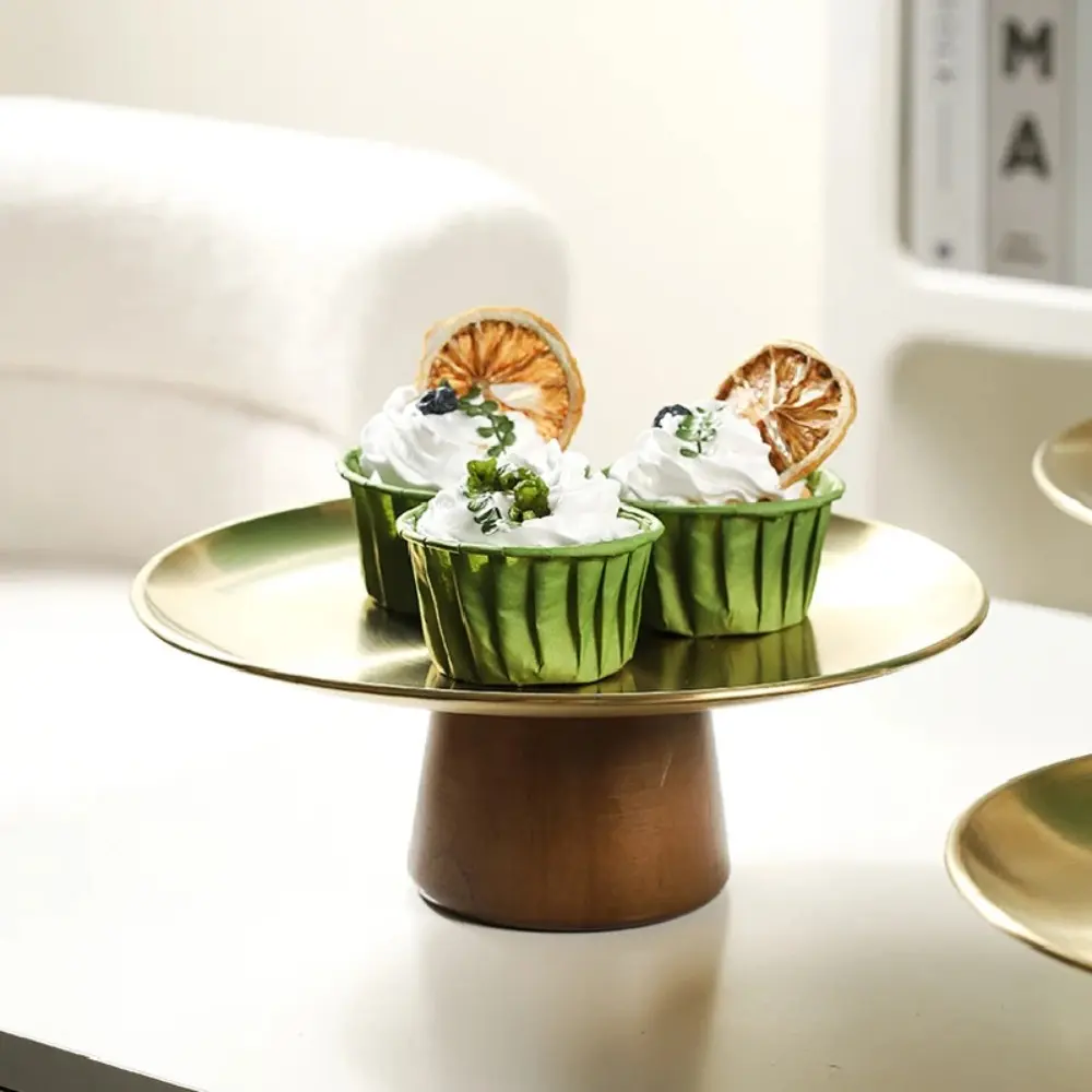 Home Decoration Nordic Wooden Base Cake Tray Round Jewelry Display Stand Dessert Plate Stainless Steel Dessert Table Stand Cup Cake Stand Party