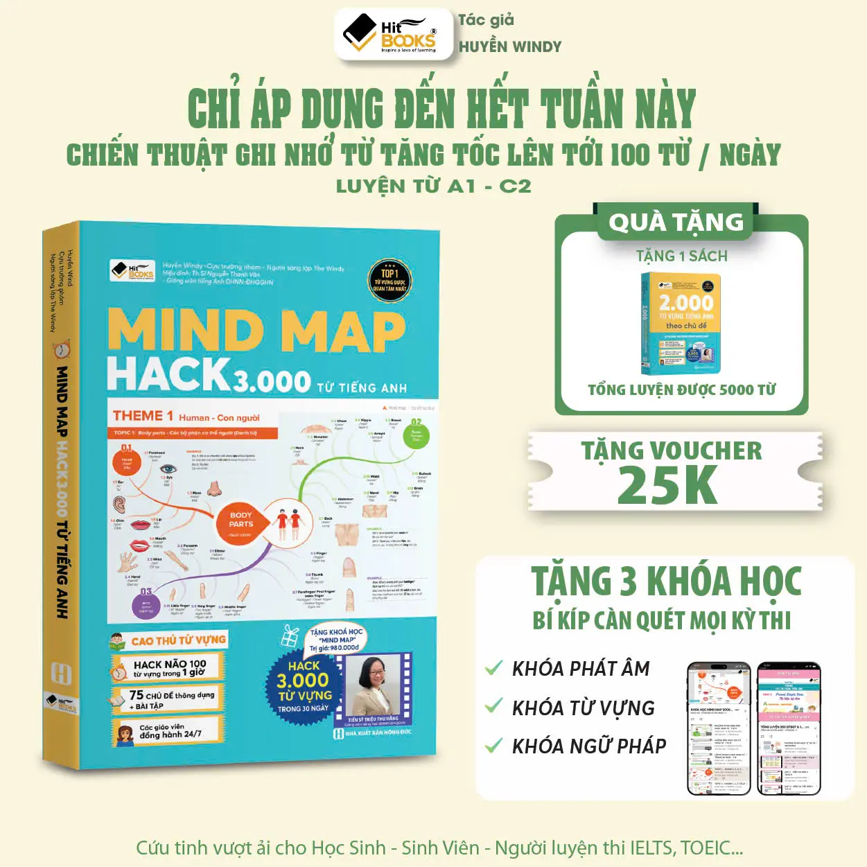 Sách Mindmap 3000 từ vựng trình bày theo sơ đồ tư duy, tặng kèm cuốn 2000 từ vựng TA, và khoá học Hitbooks theo sách