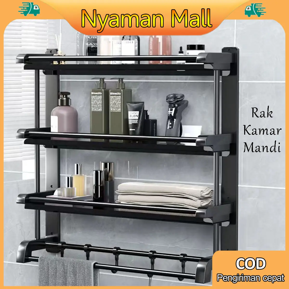 Rak Kamar Mandi Dinding Stainless Steel Hitam Rak Tempel Gantung Rak Handuk Kamar Mandi Tempel Dipasang Tanpa Harus Dilubangin Dibagian