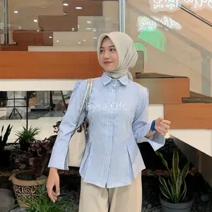 Bysa.ofc - Kemeja Stripe Rempel Wanita Fit Body Casual Daily Formal - Katun, Nyaman Rempel krem Biru Pink Panjang Tangan Garis Dress Motif Basic Lembut