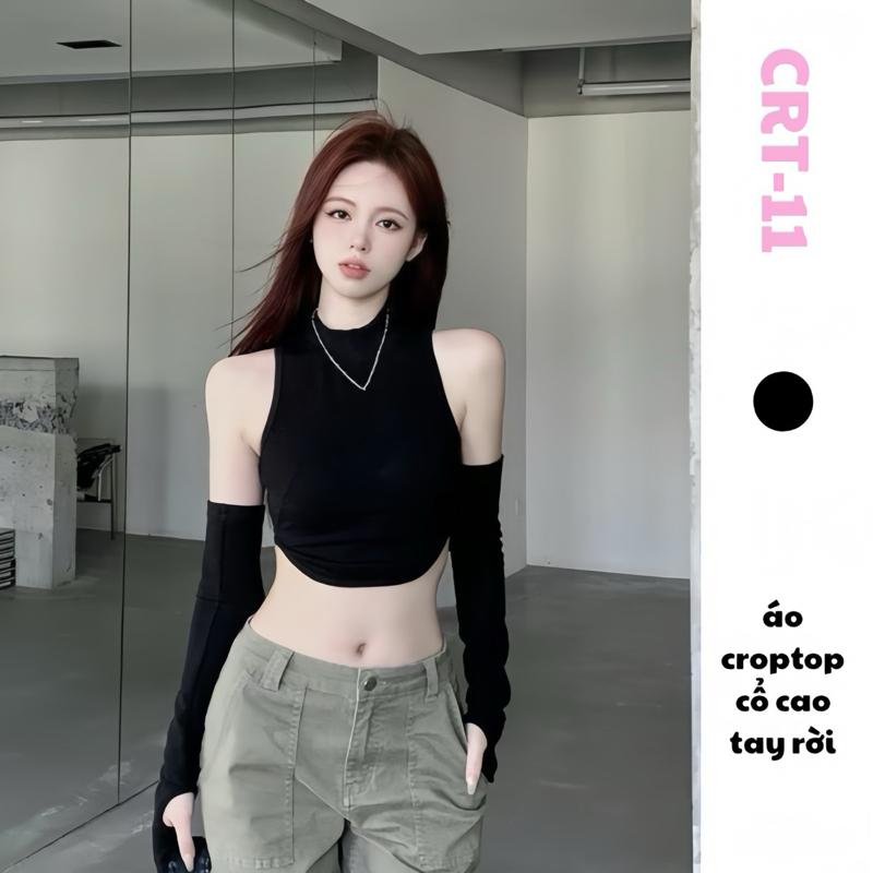  Áo ba lỗ cổ lọ phối tay rời chất gân tăm thời trang mới dưới 55 cân Màu đen Nữ Women Top A4 Nhung Voi 