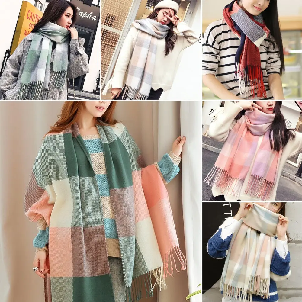 Khăn choàng len cashmere ấm áp cho nữ Chăn quấn ấm áp Dệt kim Khăn quàng cổ kẻ sọc rộng