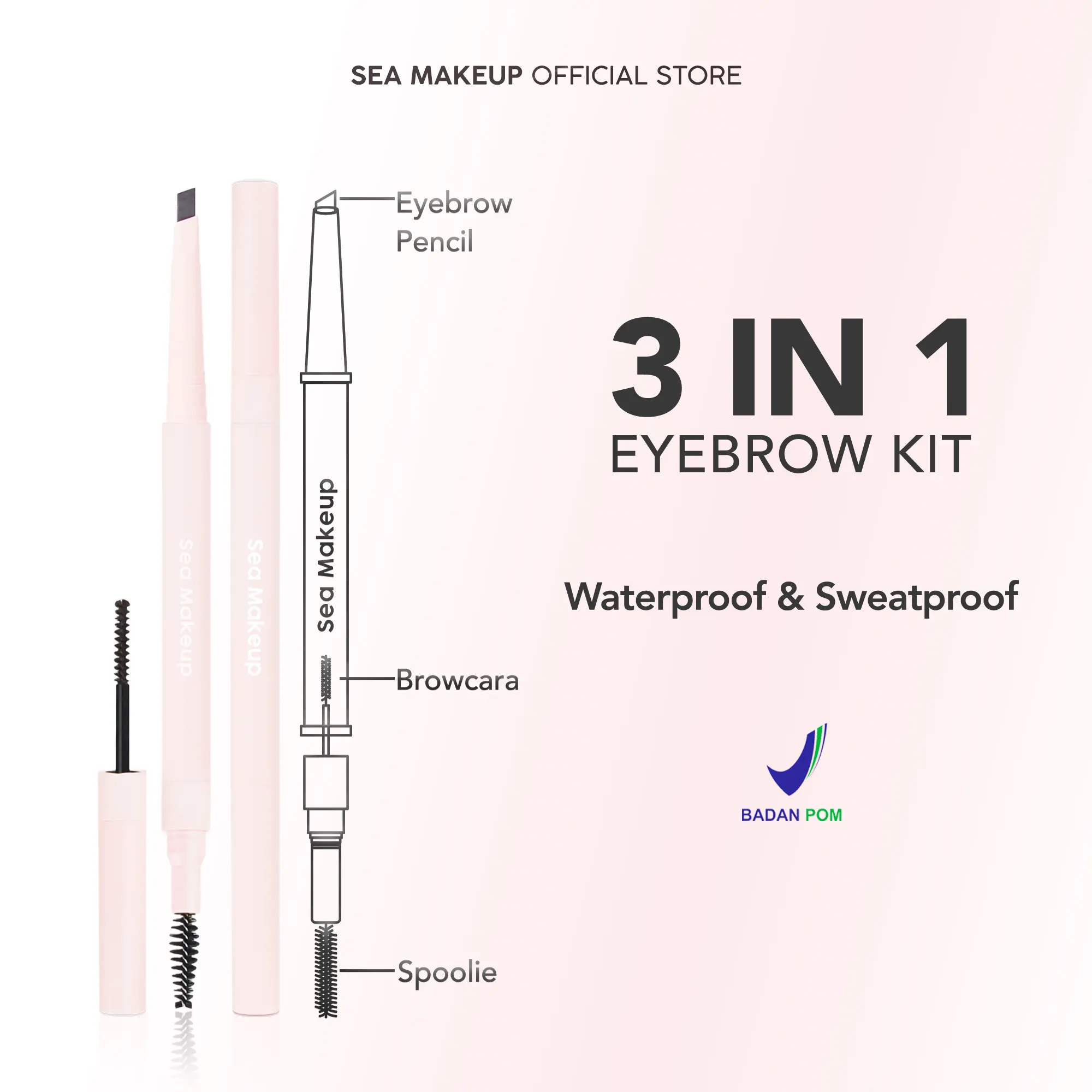 Sea Makeup Browshow Eyebrow Trio Kit - Pensil Alis 3in1 Waterproof Tahan Air with Spoolie and Browcara  Black & Brown  【BPOM】