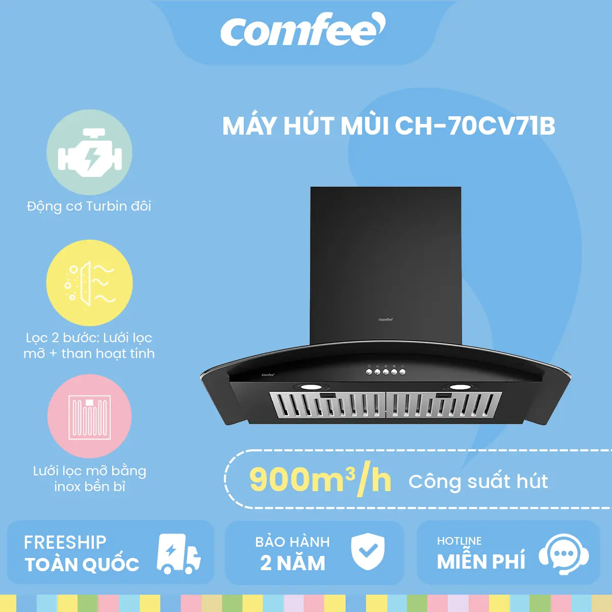 [MIỄN PHÍ LẮP ĐẶT] Máy hút mùi Comfee CH-70CV71B 108W - Công suất hút 900m3/h - Thương hiệu Châu Âu