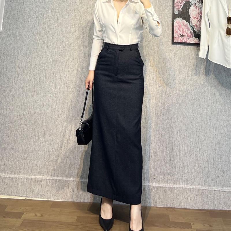 [V04]Chân váy dáng dài xẻ sau, chất jean mềm, dày dặn, dài 92cm, Sươngg Store