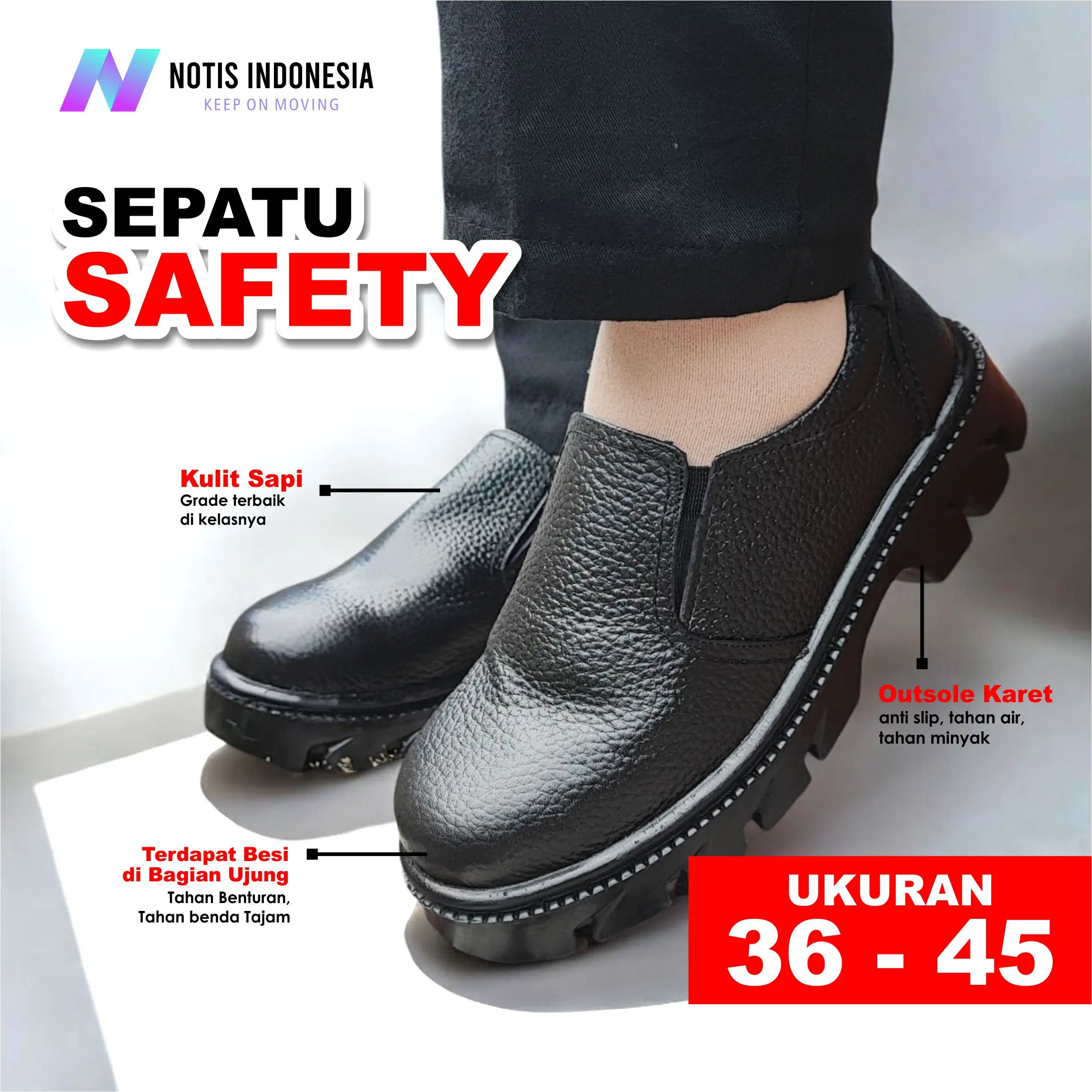 NOTIS - SEPATU SAFETY SLIP ON TALI KULIT SEPATU SAFETY SEFTY SEPTI SELOP SLOP UJUNG BESI PROYEK KITCHEN ANTI SLIP