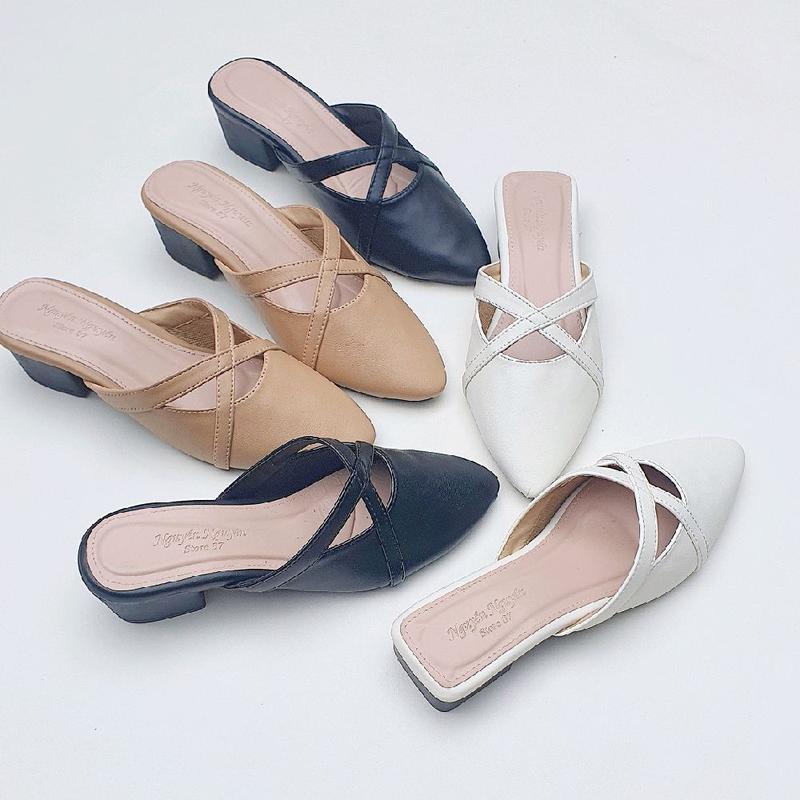 Sục Nữ Mũi Nhọn Gót Trụ Cao 5 phân và 3 Phân Trang Trí Dây Chéo Bên Trên đế đúc liền .store NGUYÊN NGUYÊN 87 Shoes GiàY Nữ dép