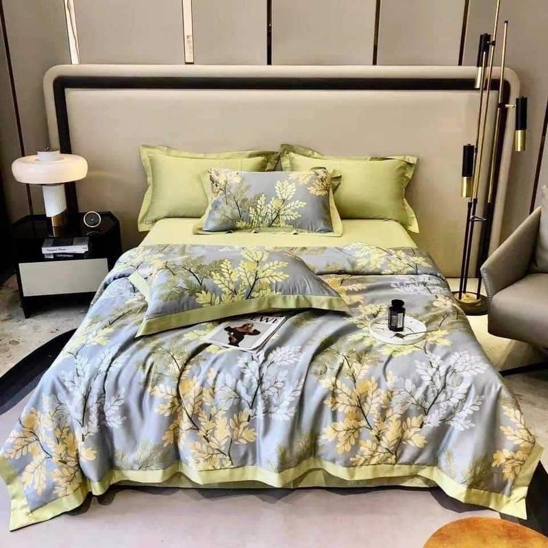   TẶNG VỎ GỐI ÔM  Bộ chăn ga gối LỤA THÁI 9D Tomato Bedding mềm mịn mát - chăn chần bông mỏng cho mùa hè ga giường và 2 vỏ gối 