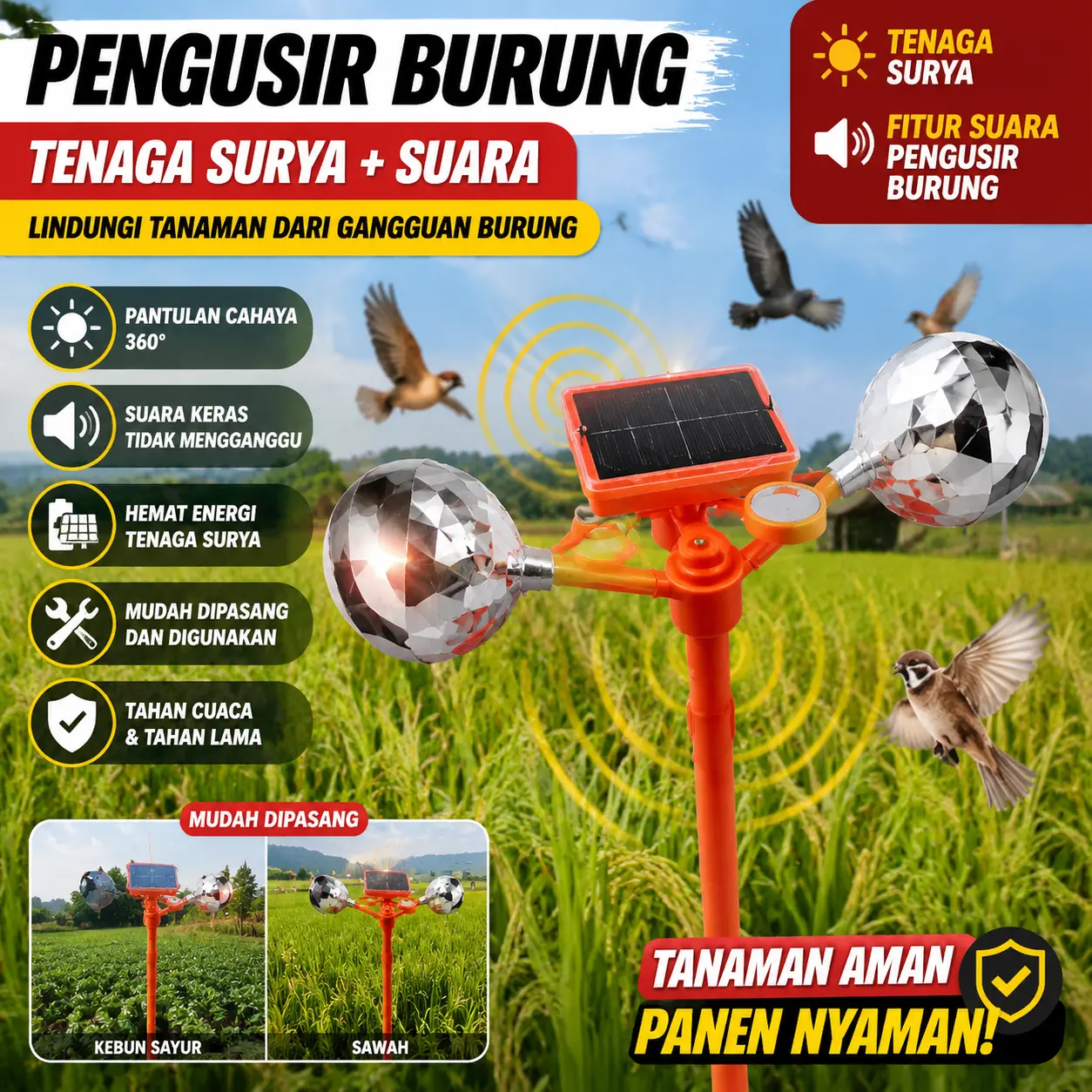 Pengusir Burung Otomatis Tenaga Surya + Suara | Alat Pengusir Hama Burung Untuk Sawah Kebun Tanaman | Reflektor Cahaya Anti Burung