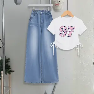 Setelan Crop Top Serut & Celana Jeans Kulot Anak Perempuan Usia 9-14 Tahun Bahan Katun 30s & Denim Adem Nyaman Ringan Model Casual Trendy
