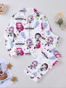 Kpop cazadores de demonios fiesta de navidad conjunto 2 piezas pijama niños estampado Hamilton, camisa manga larga cuello suave, pantalones elásticos sueltos, hermoso y cómodo para niñas, atuendo fiesta sueños festivos.