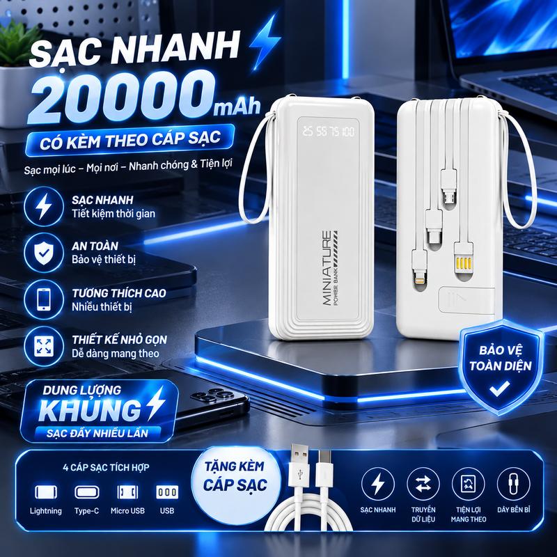 Sạc dự phòng YM1291 dung lượng cao hỗ trợ sạc nhanh nhiều thiết bị có cáp sạc kèm theo bảo hành 12 tháng