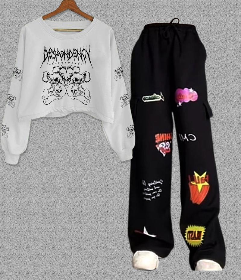 Product Introduction of ONE SET DESPONDENCY SWEATER CROP+ CARGO BLAST WANITA SET TERBARU Crop Top Lengan Tangan Panjang Motif Sablon Keren Stylish Modern Celana Setelan Cewek Bahan Flecee Linen Topi 16