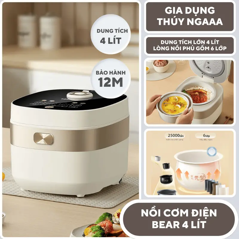 NỒI CƠM ĐIỆN BEAR D40N1 - DUNG TÍCH 4 LÍT - LÒNG NỒI 6 LỚP - CÔNG SUẤT LỚN - BẢO HÀNH 12 THÁNG 0