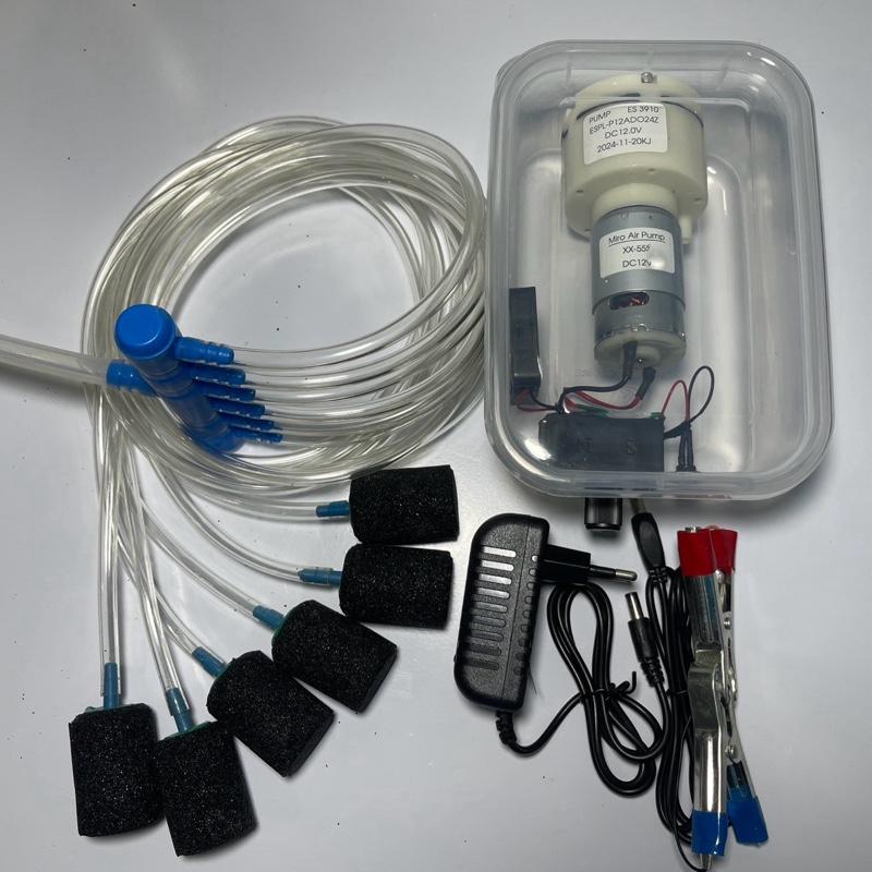 Combo đầy đủ bộ bơm sủi oxy 12v, hộp, điều tốc chỉnh lớn nhỏ, quạt tản nhiệt, nguồn 220, kẹp bình, bộ dây sủi siêu sịn