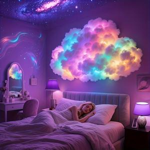 LED雲ライトストリップ 音楽リズム付き、DIY雷の夜間ランプ、USB電源、動的な視覚効果、寝室用装飾照明