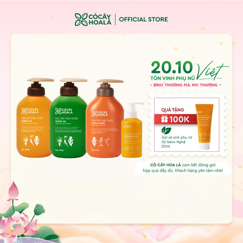 [HÀNH TRÌNH LÀM MẸ] Combo gội xả Gừng Sả 500g/ Combo & Sữa Tắm Gừng Nghệ 500g & Dung Dịch Vệ Sinh X2 Nano Nghệ 150ml Cỏ Cây Hoa Lá - Tặng Gel x2 Nano nghệ mini 20ml