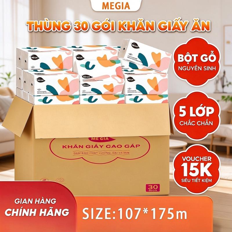 【THÙNG 30 Gói】Thùng 30 bịch Giấy ăn rút cao cấp MEGIA 5 lớp mềm mịn, siêu dai Vệ sinh khăn lau Giấy Vệ Sinh giấy rút lụa