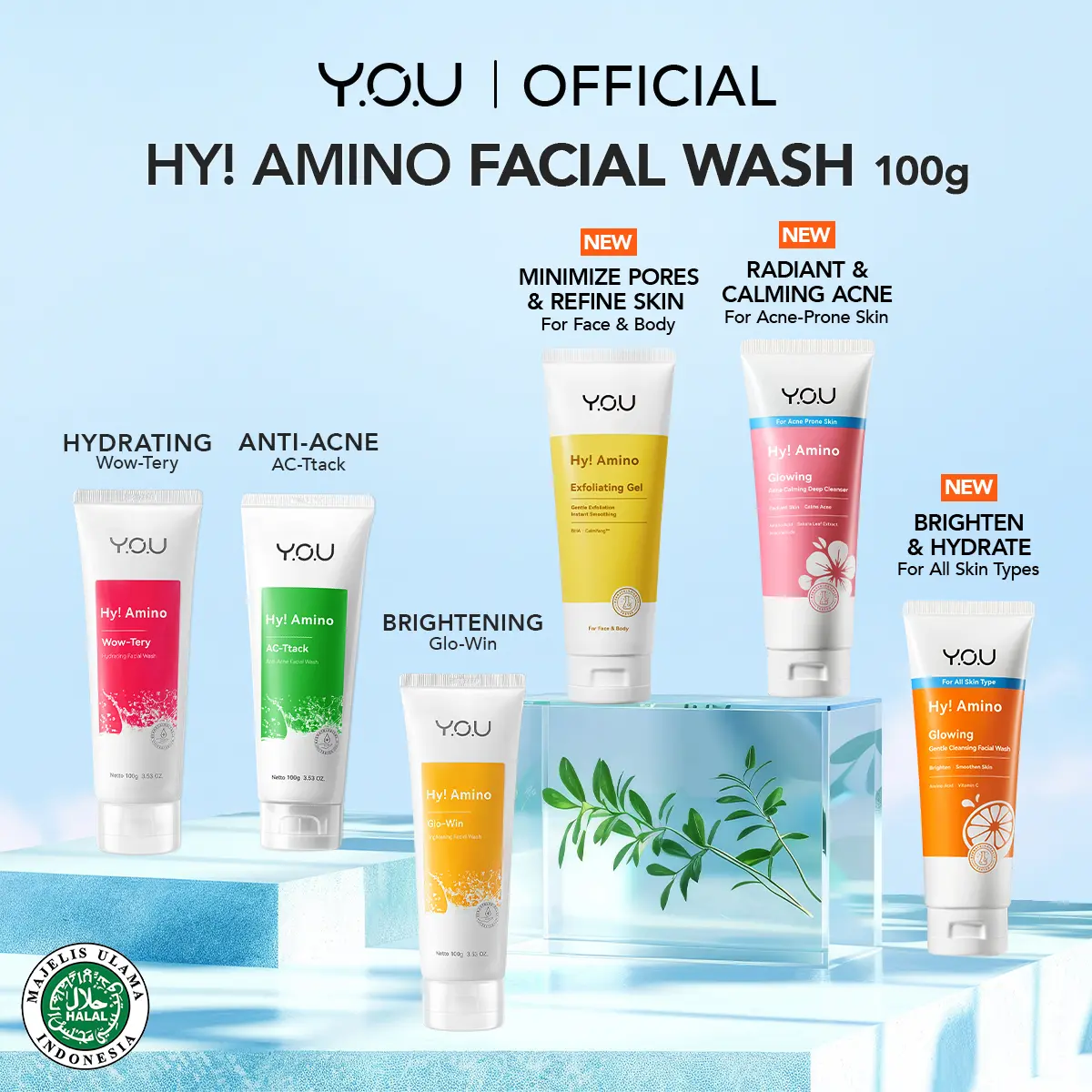 YOU Hy! Amino Anti Acne Facial Wash Cleanser /Hydrating/Brightening/Oil Control/ Anti Bacterial 100g Centella Asiatica Clean Tea Tree Foam Hyaluronic Skincare Cleansing
