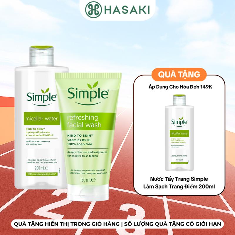 [HÓA ĐƠN 149K TẶNG NƯỚC TẨY TRANG 200ML] Combo Simple Nước Tẩy Trang 200ml + Sữa Rửa Mặt Giúp Da Sạch Thoáng 150ml | HASAKI BEAUTY