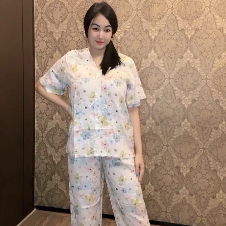 SETELAN CELANA PANJANG  VNECK Baju Rayon Viscose Wanita Motif Pendek
