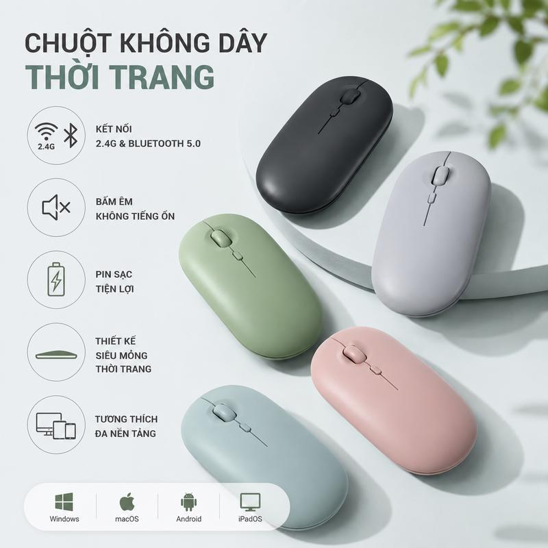 Chuột Bluetooth Không Dây Thời trang Pin sạc Chế Độ Kép BT5.2 2.4G DPI không ồn…