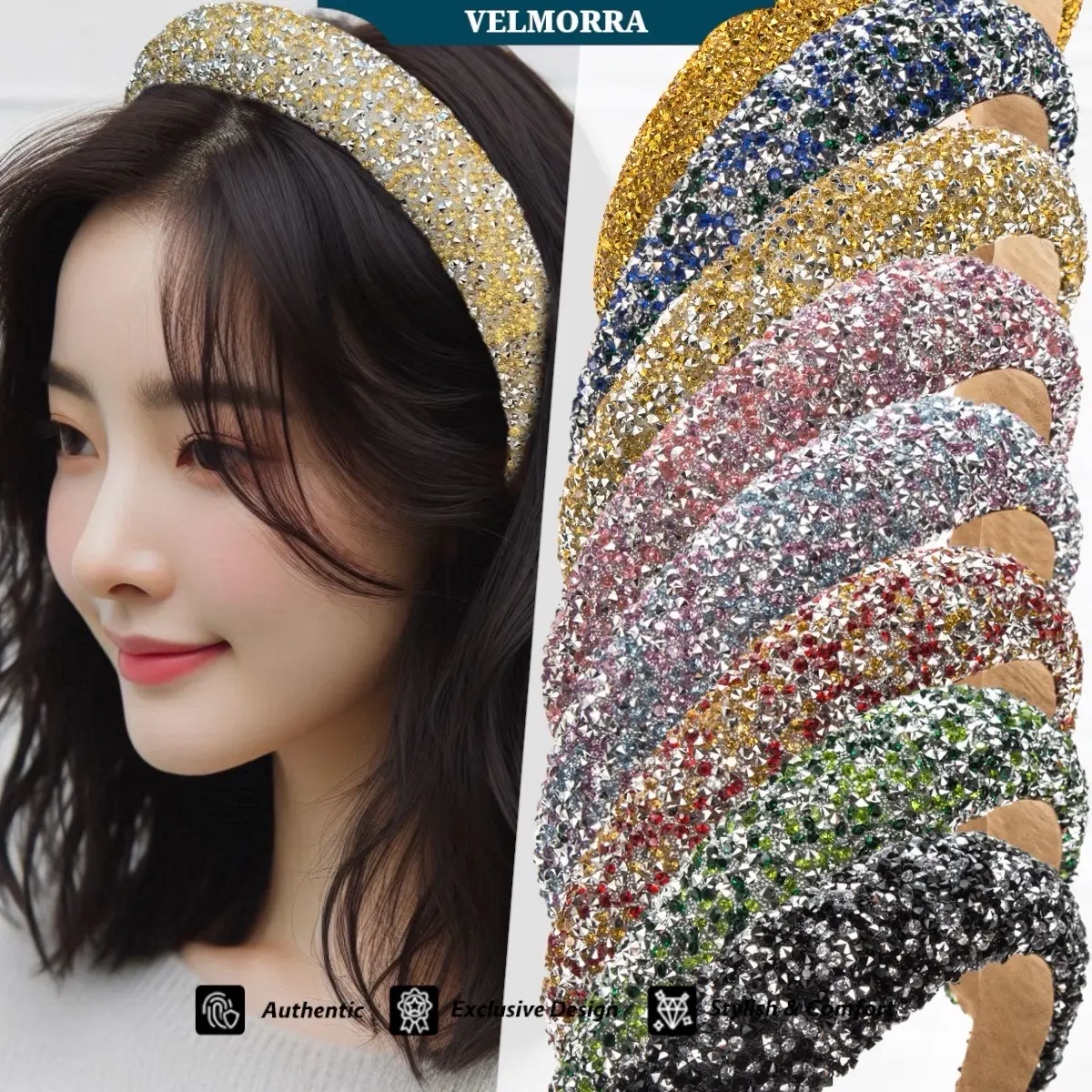 [VELMORRA] Headband Geldy Bando Korea Mutiara Berkilau Berlian Mewah Rhinestone Berlian Kristal Cantik Pink